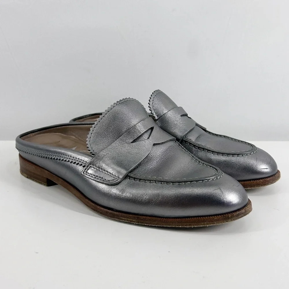 AGL Attilio Giusti Leombruni Silver Metallic Leather Slip On Loafers Size 6